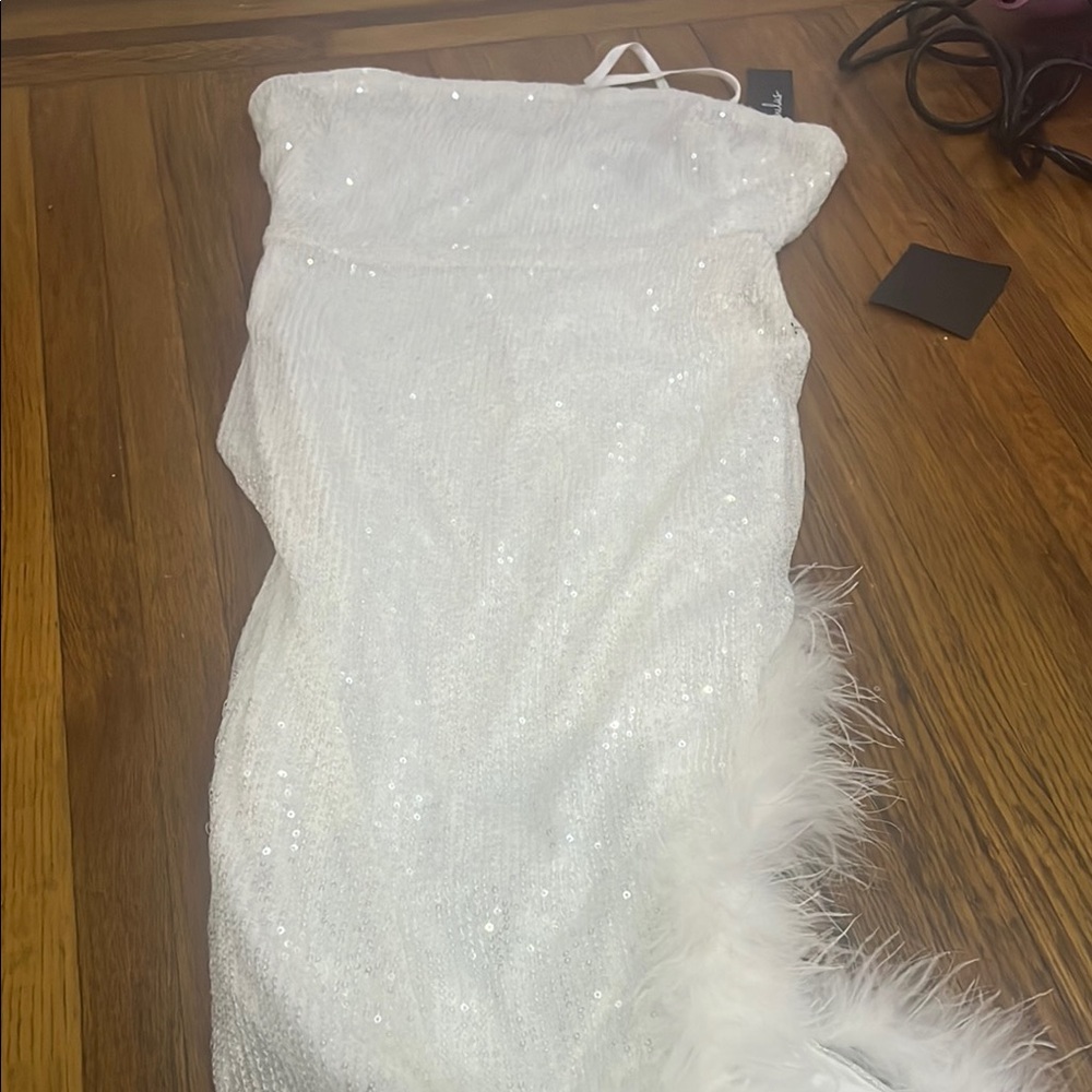 Lulus White Sequin Dress with Feather Trim